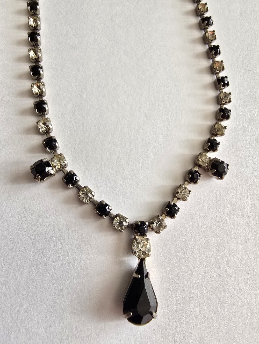Vintage necklace black clear silver tone rhinestones midcentury glam elegant